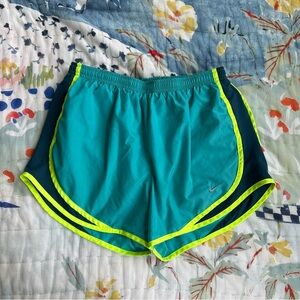 Nike teal and neon highlighter, yellow dry fit, running shorts drawstring